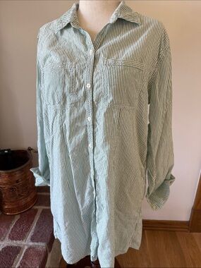 Roller Rabbit Green Striped Button-Down Swim Coverup Sleep Shirt 100% Cotton
